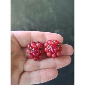 Pink And Gold Cluster Beaded Clip-on Earrings Japan Vintage Costume Jewelry,READ